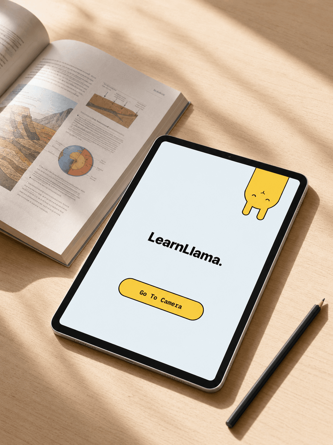 LearnLlama shown on a tablet beside an open book